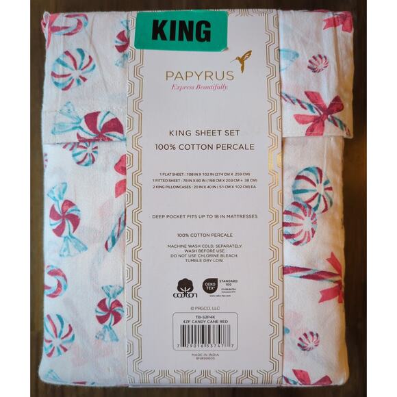 PAPYRUS Candy Cane King Sheet Set 100% Cotton 200 Thread Count Percale NEW - Picture 2 of 4